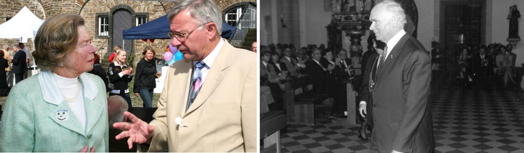 Prof. Dr. h.c. mult. Irene Ludwig im Gespräch mit dem ehem. Oberbürgermeister der Stadt Koblenz, Prof. Dr. Joachim Hofmann-Göttig, Sommerfest 2010. Quelle und Copyright: Helmut Beier, 2010; Prof. Dr. h.c. mult. Peter Ludwig und Dr. Irene Ludwig am 18. September 1992 beim Gottesdienst in der Basilika St. Kastor anlässlich der Einweihung des Ludwig Museum, Koblenz im Jahr 1992. Quelle und Copyright: Ludwig Museum Koblenz