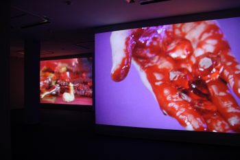 Isabelle Cornaro: Raumstill mit den Filmen Subterranean (Unterirdisch) und Accumulation (Anhäufung), 2017, 16mm-Film übertragen auf Digitalfilm, Farbe, Stumm, 16:9, 1:21 Minute, Kamera: Guillaume Gibout, Farbkorrektur: Alexandre Westphal, Models: Cécile Bouffard, Isabelle Cornaro